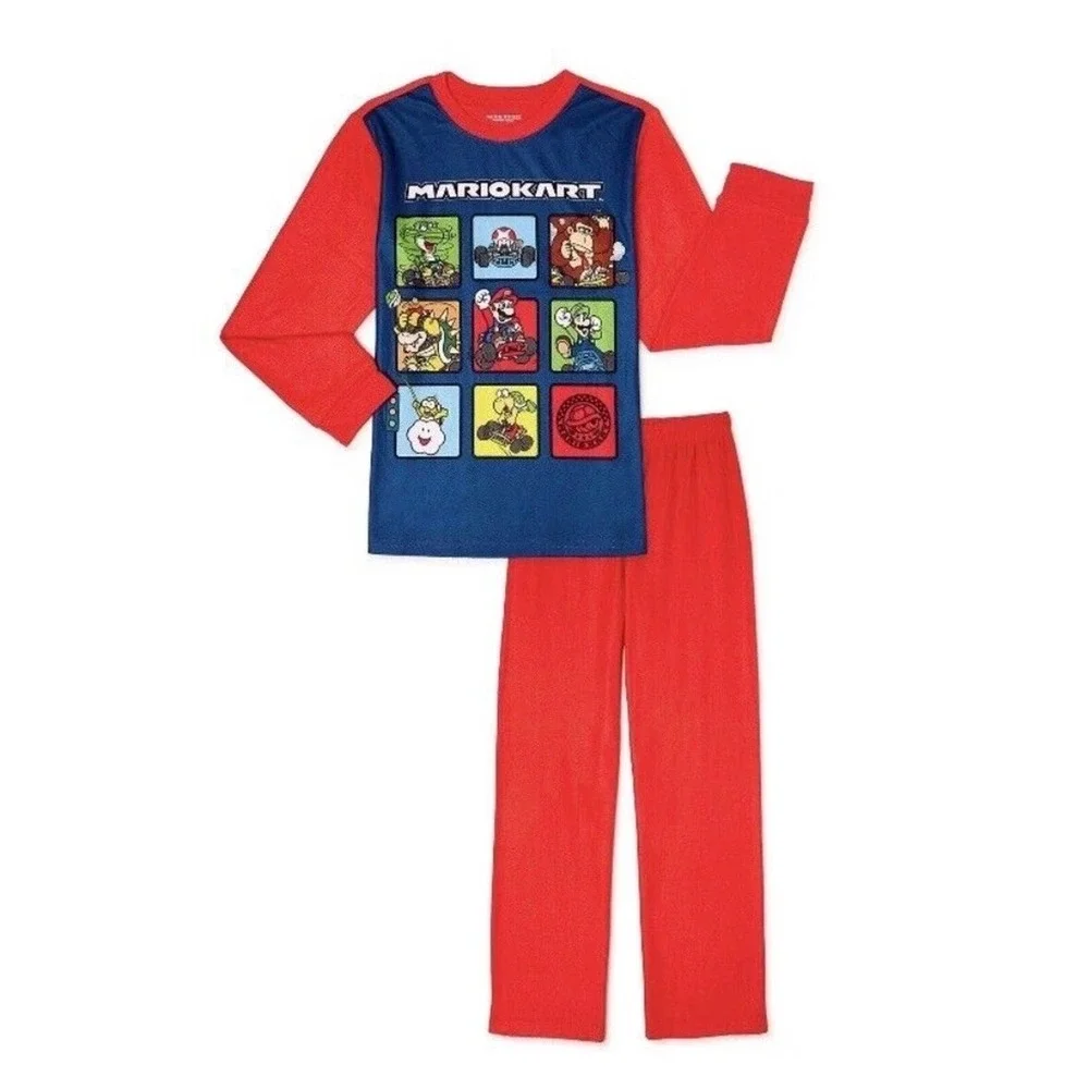 Mario Kart Boys Flannel Pajamas 2-Piece PJ Set Red‎ Blue Nintendo Size 10/12 NEW